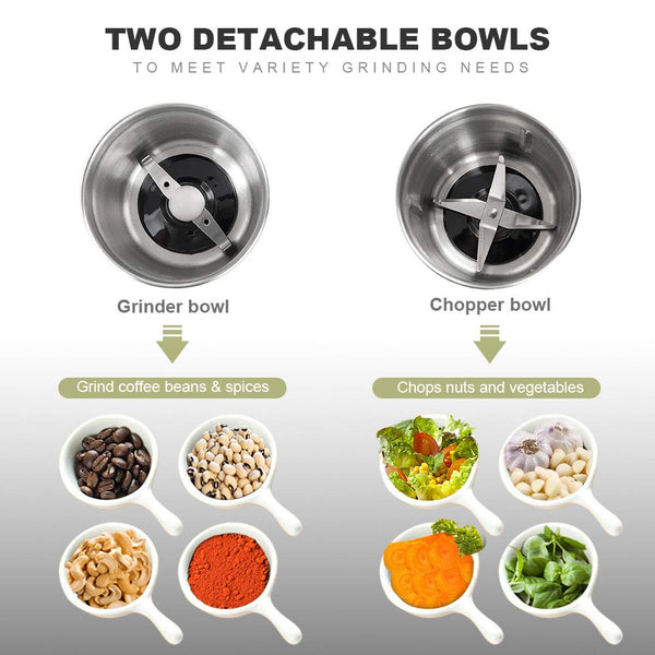 Secura Electric Coffee Grinder & Spice Grinder with 2 Stainless-Steel Blades Removable Bowl
