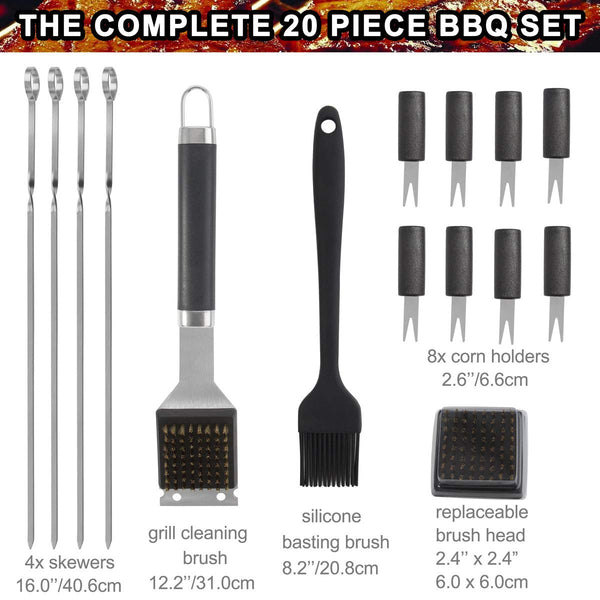 POLIGO 20pcs Heavy Duty BBQ Accessories Stainless Steel BBQ Grill Tools Set for Camping - Outdoor Barbecue Grill Utensils Set in Aluminum Case - Perfect Grilling Kit for Father's Day Birthday Gift Men