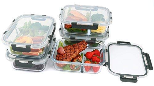 [5-Packs,36 Oz]Glass Meal Prep Containers 2 Compartments Portion Control with Upgraded Snap Locking Lids Glass Food Storage Containers BPA-Free, Microwave, Oven, Freezer and Dishwasher Safe (4.5 Cups)