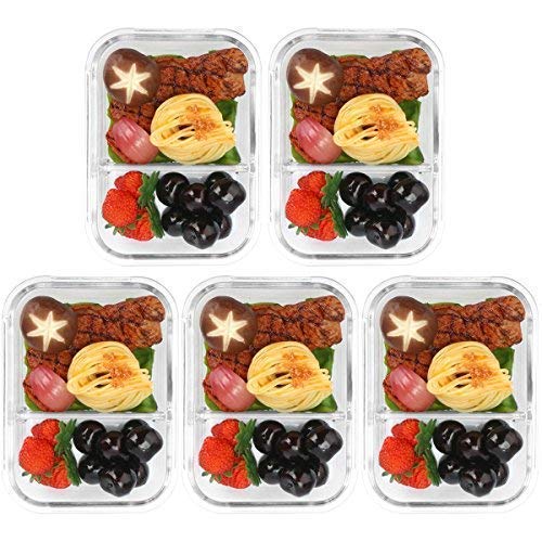 [5-Packs,36 Oz]Glass Meal Prep Containers 2 Compartments Portion Control with Upgraded Snap Locking Lids Glass Food Storage Containers BPA-Free, Microwave, Oven, Freezer and Dishwasher Safe (4.5 Cups)