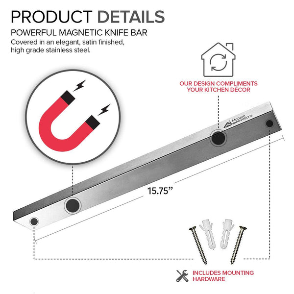 Modern Innovations 16 Inch Stainless Steel Magnetic Knife Bar with Multipurpose Use as Knife Holder, Knife Rack, Knife Strip, Kitchen Utensil Holder, Tool Holder, Art Supply Organizer & Home Organizer