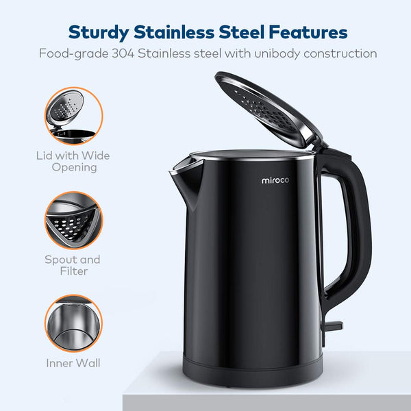 Electric Kettle, Miroco 1.5L Double Wall 100% Stainless Steel BPA-Free Cool Touch Tea Kettle with Overheating Protection, Cordless with Auto Shut-Off & Boil Dry Protection, 1500W Fast Boiling Heater