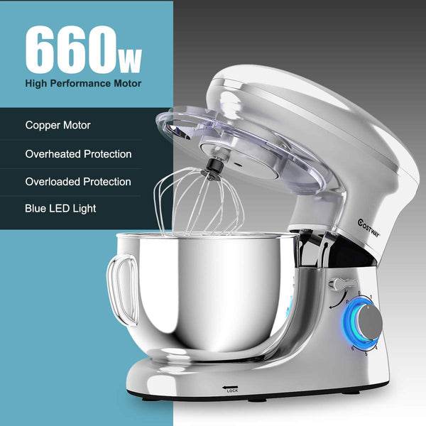 COSTWAY Stand Mixer, 660W Electric Kitchen Food Mixer with 6-Speed Control, 6.3-Quart Stainless Steel Bowl, Dough Hook, Beater, Whisk (Silver)