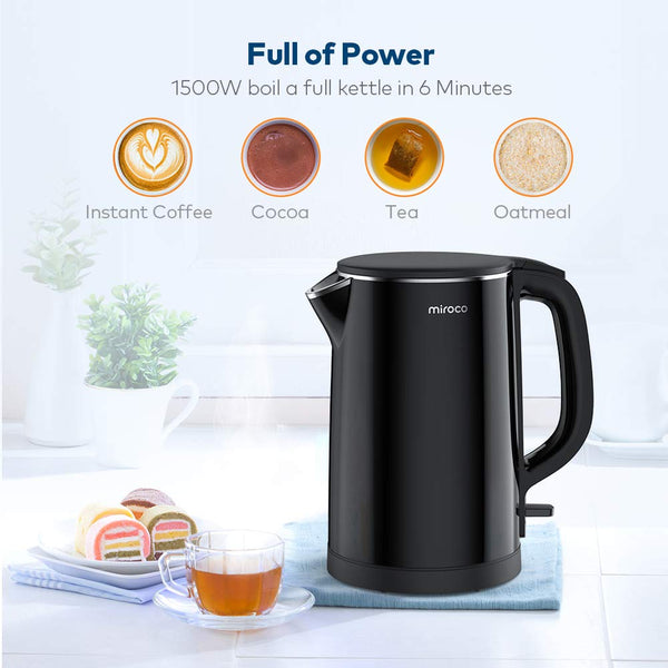 Electric Kettle, Miroco 1.5L Double Wall 100% Stainless Steel BPA-Free Cool Touch Tea Kettle with Overheating Protection, Cordless with Auto Shut-Off & Boil Dry Protection, 1500W Fast Boiling Heater