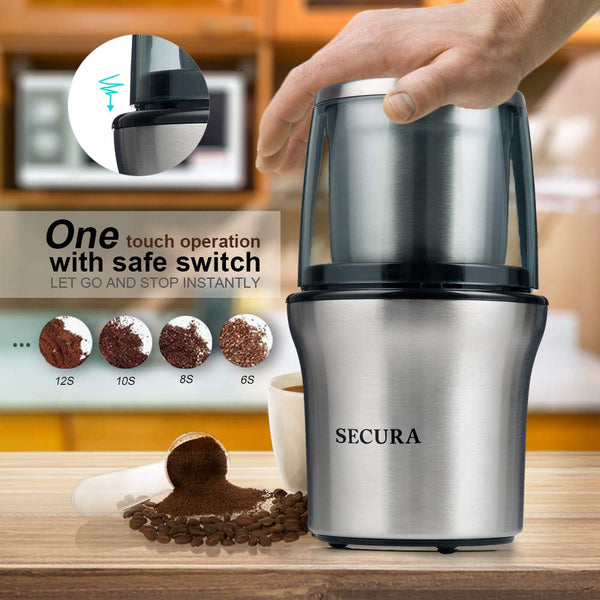 Secura Electric Coffee Grinder & Spice Grinder with 2 Stainless-Steel Blades Removable Bowl