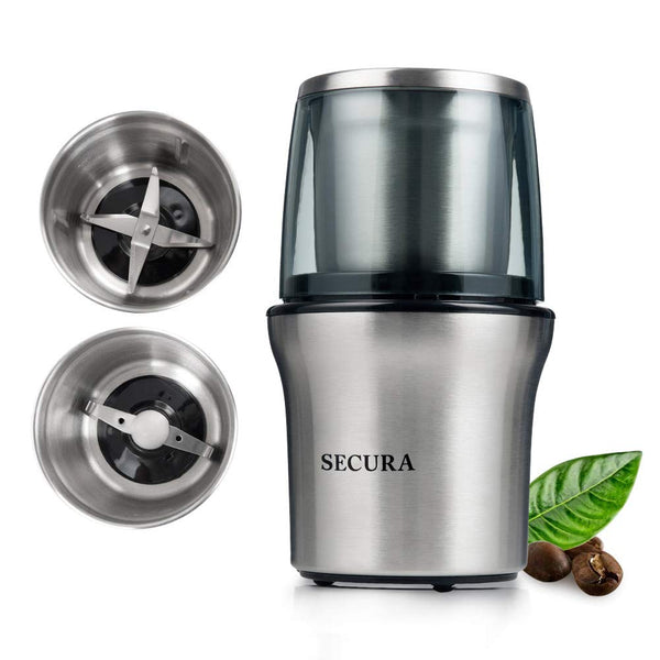 Secura Electric Coffee Grinder & Spice Grinder with 2 Stainless-Steel Blades Removable Bowl