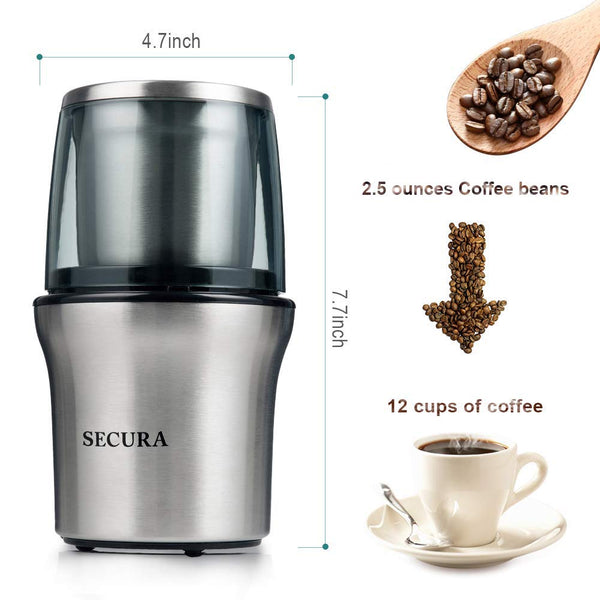 Secura Electric Coffee Grinder & Spice Grinder with 2 Stainless-Steel Blades Removable Bowl