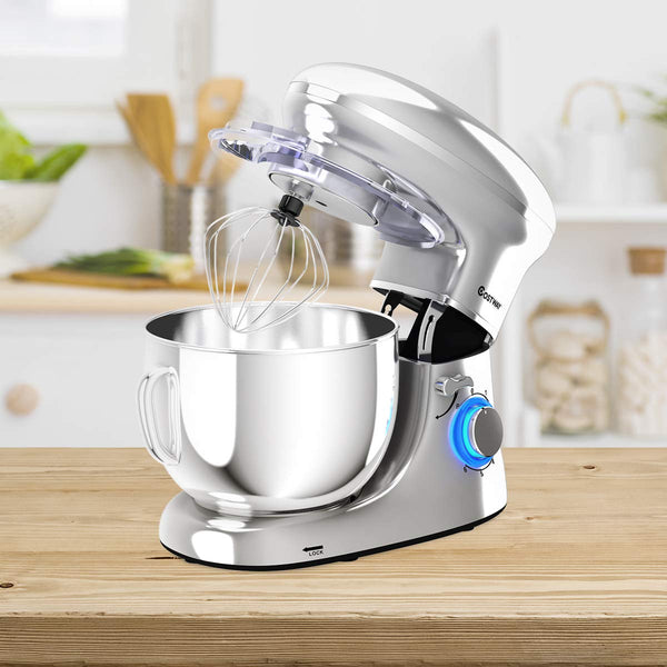 COSTWAY Stand Mixer, 660W Electric Kitchen Food Mixer with 6-Speed Control, 6.3-Quart Stainless Steel Bowl, Dough Hook, Beater, Whisk (Silver)