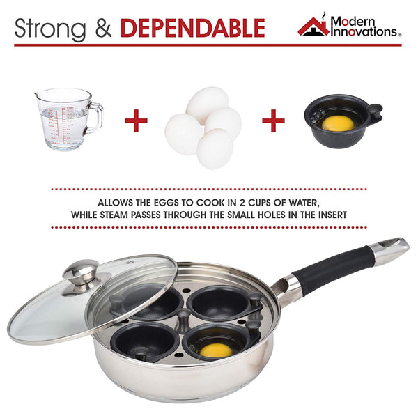 Egg Poacher Pan - Stainless Steel Poached Egg Cooker – Perfect Poached Egg Maker – Induction Cooktop Egg Poachers Cookware Set with 4 Nonstick Large Silicone Egg Poacher Cups and Spatula