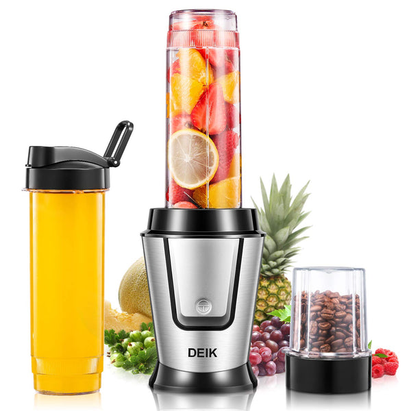 Deik Personal Blender, Smoothie Blender 500 Watt with Travel Lid for Smoothies and Shakes, Coffee Grinder Cup for Coffee Bean, Mixer Blender with 20oz Sport Bottles, BPA Free, Silver