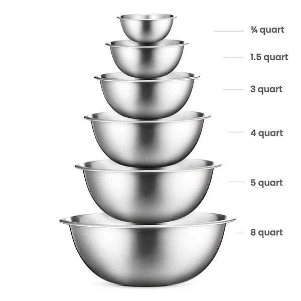 Premium Stainless Steel Mixing Bowls (Set of 6) Brushed Stainless Steel Mixing Bowl Set - Easy To Clean, Nesting Bowls for Space Saving Storage, Great for Cooking, Baking, Prepping