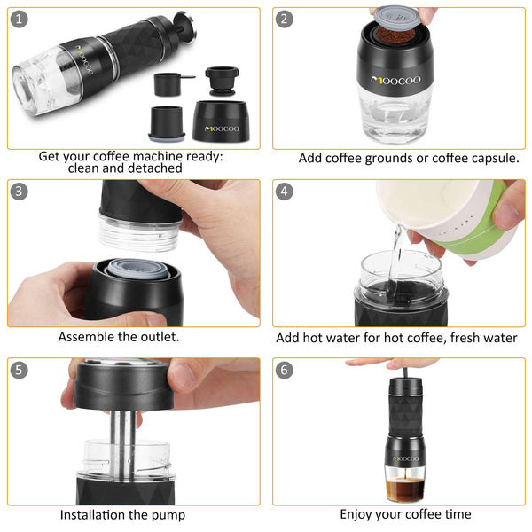 Moocoo Portable Espresso Machine, Manual Espresso Maker, 20 Bar Pressure for Capsule&Ground Coffee, Perfect Small for Travel Camping Kitchen Office - FDA Approved (Black)