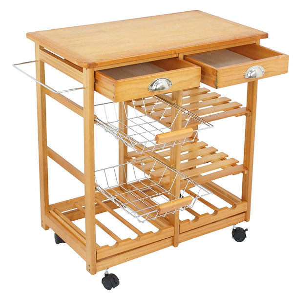 Nova Microdermabrasion Rolling Wood Kitchen Island Storage Trolley Utility Cart Rack w/Storage Drawers/Baskets Dining Stand w/Wheels Countertop (Wood)