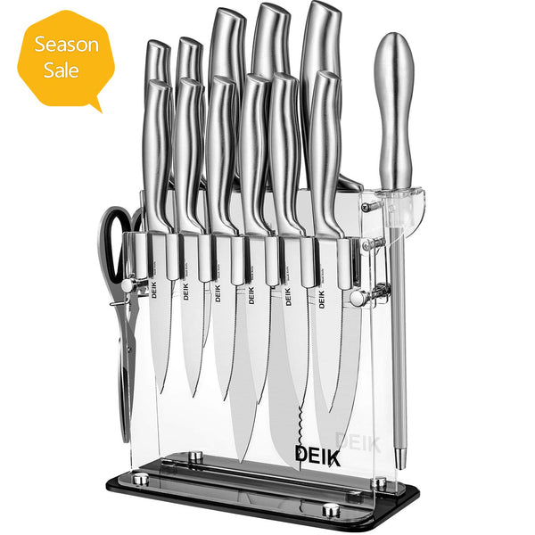 DEIK Knife Set High Carbon Stainless Steel Kitchen Knife Set 14 PCS, Super Sharp Cutlery Knife Set with Acrylic Stand and Serrated Steak Knives