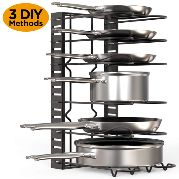 GeekDigg Pot Rack Organizer, 3 DIY Methods, Height and Position are Adjustable 8+ Pots Holder, Black Metal Kitchen Cabinet Pantry Pot Lid Holder