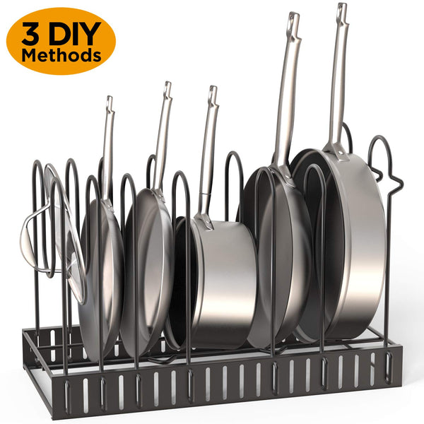 GeekDigg Pot Rack Organizer, 3 DIY Methods, Height and Position are Adjustable 8+ Pots Holder, Black Metal Kitchen Cabinet Pantry Pot Lid Holder