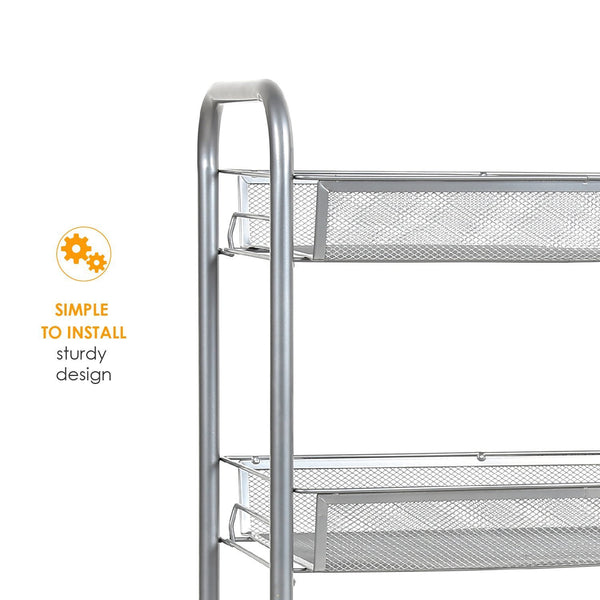 Homfa 3-Tier Mesh Wire Rolling Cart Multifunction Utility Cart Kitchen Storage Cart on Wheels, Steel Wire Basket Shelving Trolley,Easy Moving,Silver