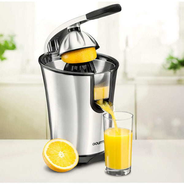 Gourmia EPJ100 Electric Citrus Juicer Stainless Steel 10 QT 160 Watts Rubber Handle And Cone Lid For Easy Use One-Size-Fits-All Juice Cone For Easy Storage. - 110V