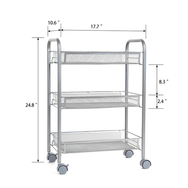 Homfa 3-Tier Mesh Wire Rolling Cart Multifunction Utility Cart Kitchen Storage Cart on Wheels, Steel Wire Basket Shelving Trolley,Easy Moving,Silver