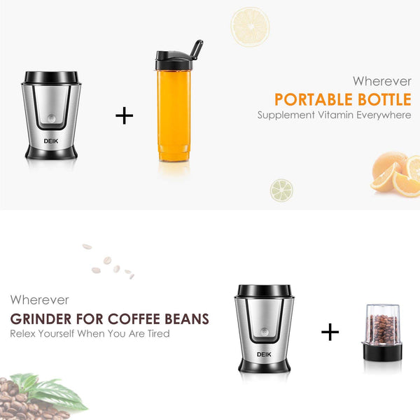 Deik Personal Blender, Smoothie Blender 500 Watt with Travel Lid for Smoothies and Shakes, Coffee Grinder Cup for Coffee Bean, Mixer Blender with 20oz Sport Bottles, BPA Free, Silver