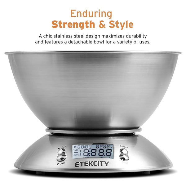 Etekcity Digital Kitchen Food Multifunction Removable Bowl 2.15L Liquid Volume Room Temperature and Timer, 11lb 5kg, Backlight Scales, 8.4 8.4 3.6 inch, Silver