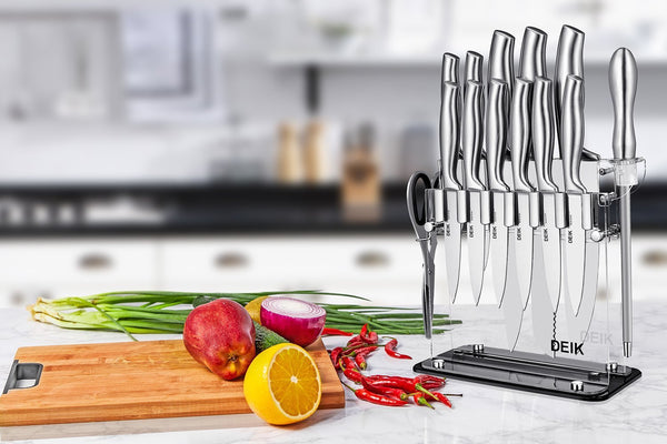 DEIK Knife Set High Carbon Stainless Steel Kitchen Knife Set 14 PCS, Super Sharp Cutlery Knife Set with Acrylic Stand and Serrated Steak Knives