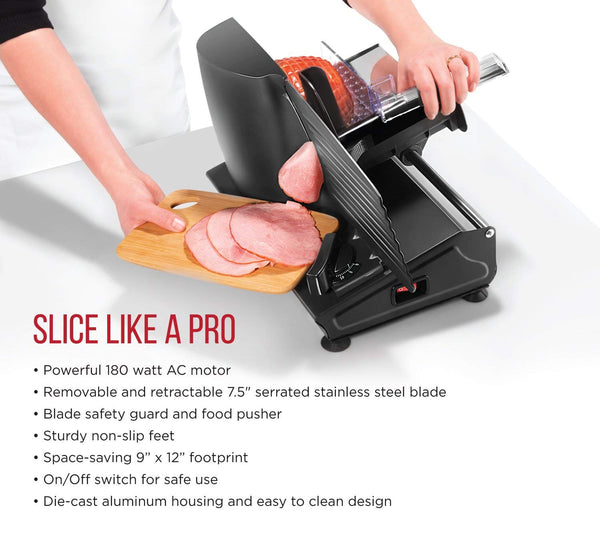 Chefman Die-Cast Electric Deli/Food Slicer, Precisely Cuts Meat, Cheese, Bread, Fruit & Veggies, Adjustable Thickness Dial, Removable 7.5” Serrated Stainless Steel Blade, Non-Slip Feet, Compact, Black