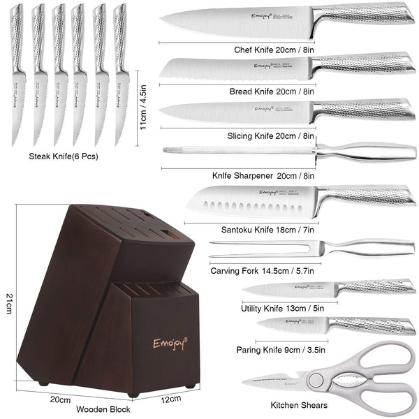 Knife Set, Emojoy 16-PCS Kitchen Knife Set with Carving Fork, Ripple Stainless Steel Hollow Handle for Chef Knife Set with Wooden Block, Perfect Cutlery Set Gift