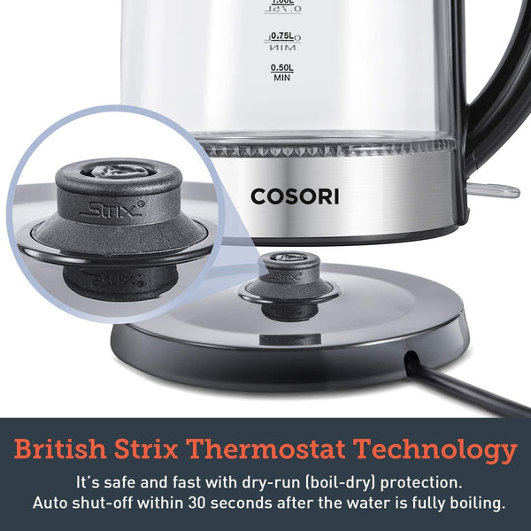 COSORI Electric Kettle(BPA-Free) Glass Boiler Hot Water & Tea Heater with LED Indicator Light,Auto Shut-Off & Boil-Dry Protection,100% Stainless Steel Inner Lid & Bottom