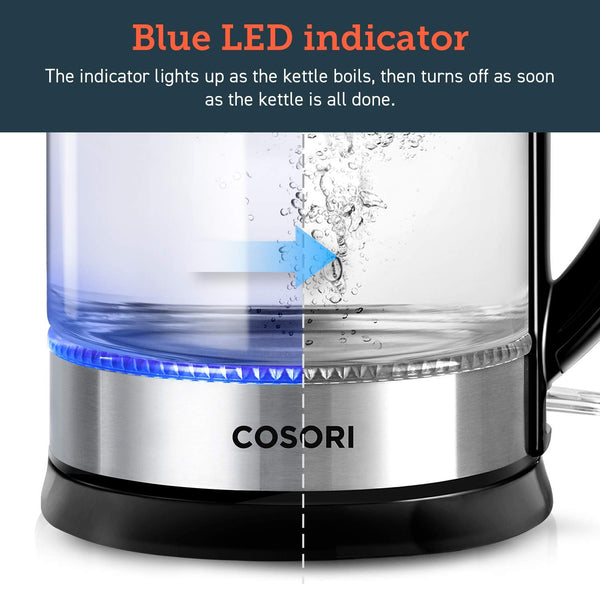 COSORI Electric Kettle(BPA-Free) Glass Boiler Hot Water & Tea Heater with LED Indicator Light,Auto Shut-Off & Boil-Dry Protection,100% Stainless Steel Inner Lid & Bottom