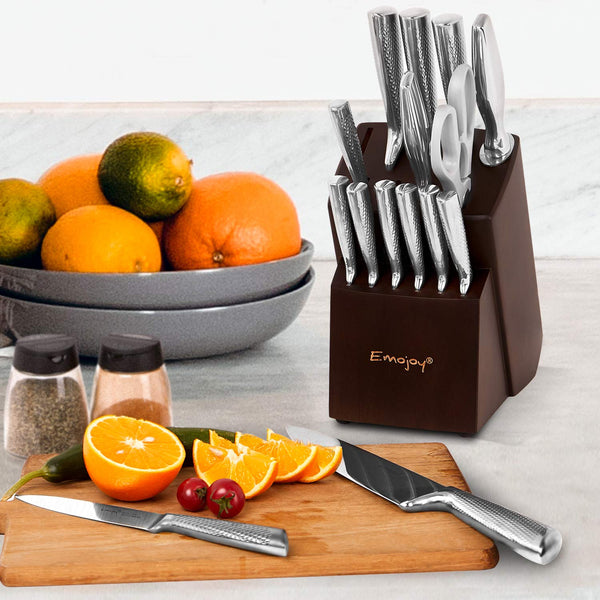 Knife Set, Emojoy 16-PCS Kitchen Knife Set with Carving Fork, Ripple Stainless Steel Hollow Handle for Chef Knife Set with Wooden Block, Perfect Cutlery Set Gift