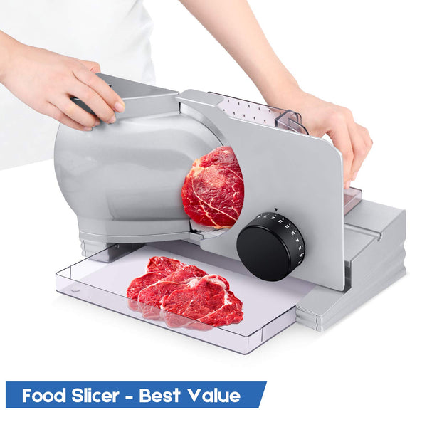 Food Slicer Techwood Professional Electric Meat Slicer with Removable 7.5” Stainless steel Safety Blade & Anti Slip Rubber Feet- Adjustable Knob for Thickness