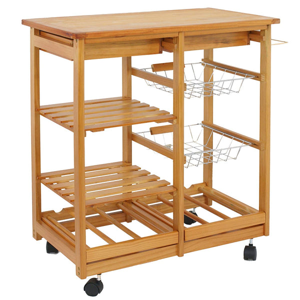 Nova Microdermabrasion Rolling Wood Kitchen Island Storage Trolley Utility Cart Rack w/Storage Drawers/Baskets Dining Stand w/Wheels Countertop (Wood)