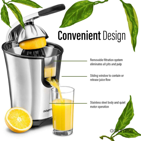 Gourmia EPJ100 Electric Citrus Juicer Stainless Steel 10 QT 160 Watts Rubber Handle And Cone Lid For Easy Use One-Size-Fits-All Juice Cone For Easy Storage. - 110V