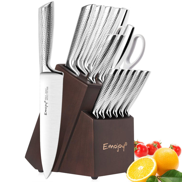 Knife Set, Emojoy 16-PCS Kitchen Knife Set with Carving Fork, Ripple Stainless Steel Hollow Handle for Chef Knife Set with Wooden Block, Perfect Cutlery Set Gift