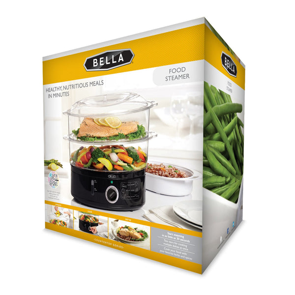 BELLA (13872) 7.4 Quart 2-Tier Stackable Baskets Healthy Food Steamer with Rice & Grains Tray, Auto Shutoff & Boil Dry Protection for Cooking Vegetables, Grains, Meats