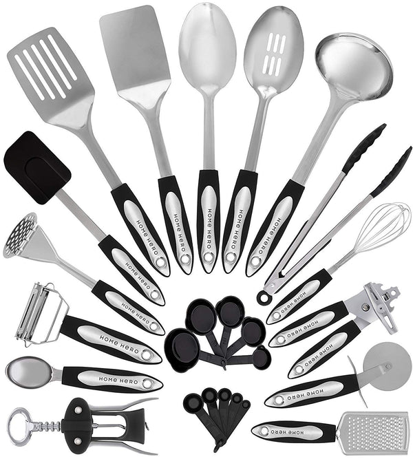 Home Hero Stainless Steel Kitchen Cooking Utensils - 25 Piece Utensil Set - Nonstick Kitchen Utensils Cookware Set with Spatula - Best Kitchen Gadgets Kitchen Tool Set