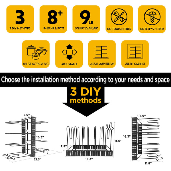 GeekDigg Pot Rack Organizer, 3 DIY Methods, Height and Position are Adjustable 8+ Pots Holder, Black Metal Kitchen Cabinet Pantry Pot Lid Holder