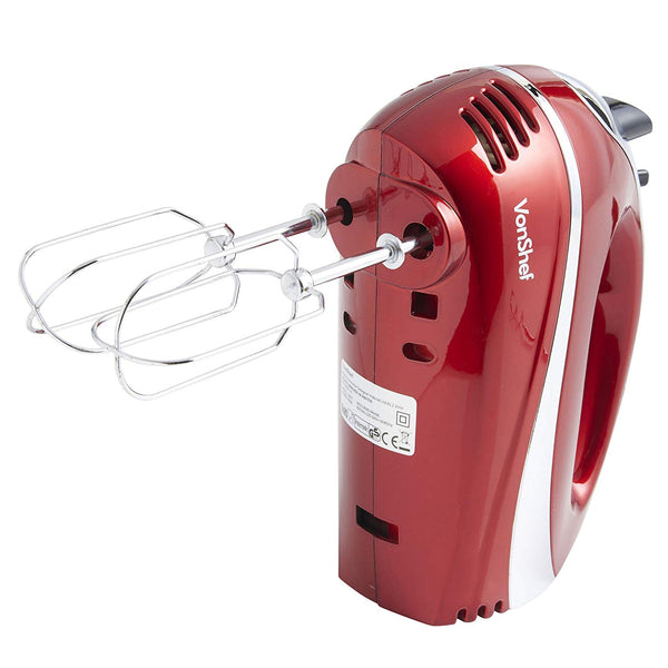 VonShef Electric Hand Mixer Whisk With Stainless Steel Attachments, 5-Speed and Turbo Button, Includes; Beaters, Dough Hooks and Balloon Whisk - Red