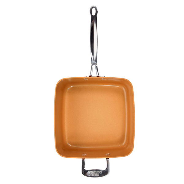 Red Copper Double-Coated Square Pan 5 Piece Set by BulbHead, 10-Inch Pan, Glass Lid, Fry Basket, More