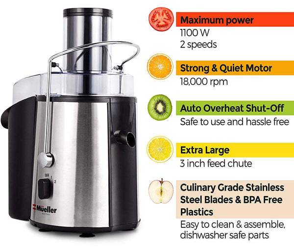 Mueller Austria Juicer Ultra 1100W Power, Easy Clean Extractor Press Centrifugal Juicing Machine, Wide 3” Feed Chute for Whole Fruit Vegetable, Anti-drip, High Quality, BPA-Free, Large, Silver