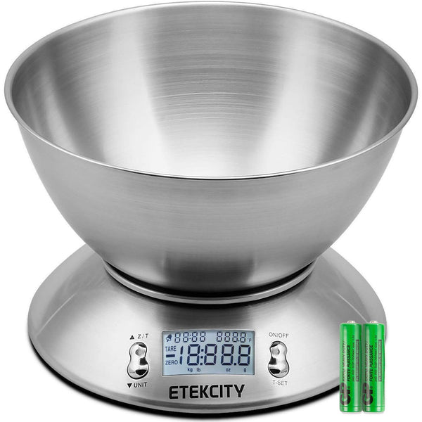 Etekcity Digital Kitchen Food Multifunction Removable Bowl 2.15L Liquid Volume Room Temperature and Timer, 11lb 5kg, Backlight Scales, 8.4 8.4 3.6 inch, Silver