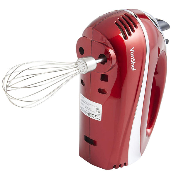 VonShef Electric Hand Mixer Whisk With Stainless Steel Attachments, 5-Speed and Turbo Button, Includes; Beaters, Dough Hooks and Balloon Whisk - Red