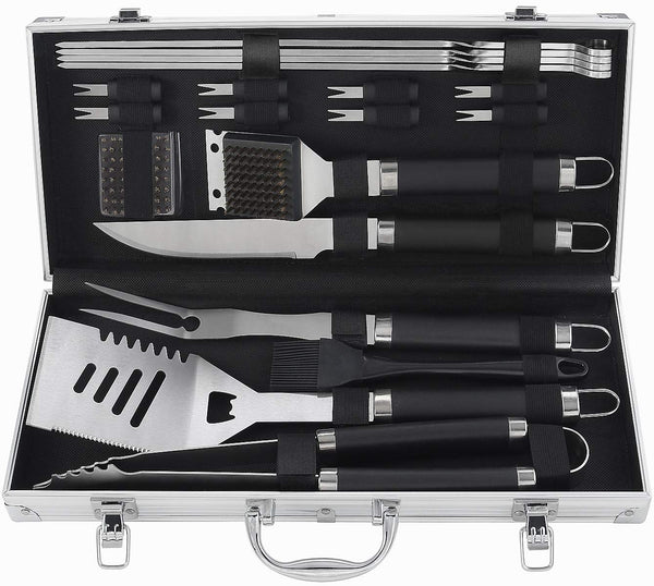 POLIGO 20pcs Heavy Duty BBQ Accessories Stainless Steel BBQ Grill Tools Set for Camping - Outdoor Barbecue Grill Utensils Set in Aluminum Case - Perfect Grilling Kit for Father's Day Birthday Gift Men