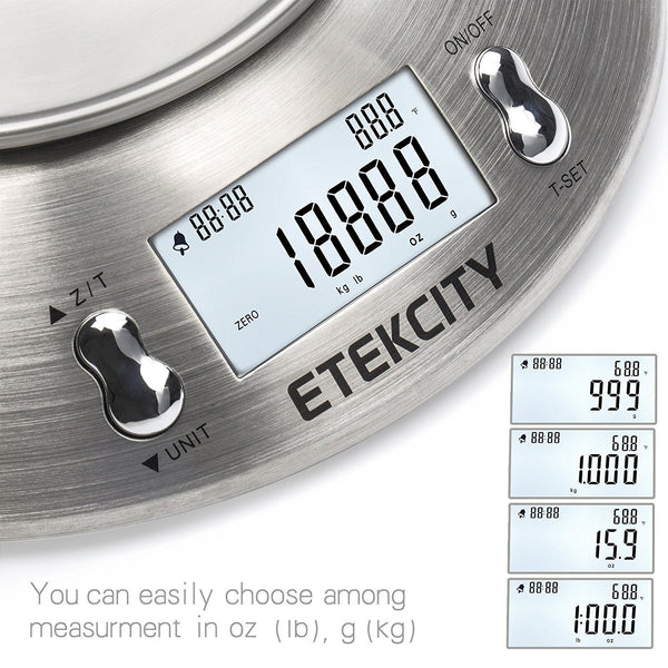 Etekcity Digital Kitchen Food Multifunction Removable Bowl 2.15L Liquid Volume Room Temperature and Timer, 11lb 5kg, Backlight Scales, 8.4 8.4 3.6 inch, Silver