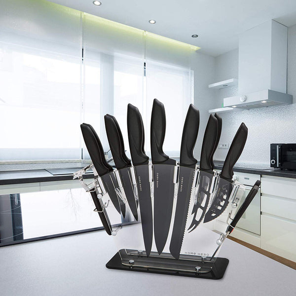 Home Hero Stainless Steel Knife Set with Block - 13 Kitchen Knives Set Chef Knife Set with Knife Sharpener, 6 Steak Knives, Bonus Peeler Scissors Cheese Pizza Knife and Acrylic Stand Best Cutlery Set