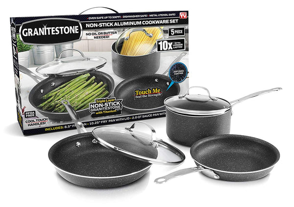 GRANITESTONE 5 Piece Cookware Set, Scratch-Proof, Nonstick Granite-coated, PFOA-Free As Seen On TV