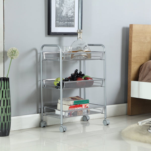 Homfa 3-Tier Mesh Wire Rolling Cart Multifunction Utility Cart Kitchen Storage Cart on Wheels, Steel Wire Basket Shelving Trolley,Easy Moving,Silver