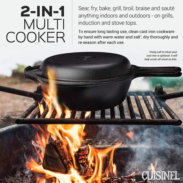 Pre-Seasoned Cast Iron 2-In-1 Multi Cooker | 3-Quart Dutch Oven and Skillet Lid Set Oven Safe Cookware | Use As Dutch Oven and Frying Pan | Indoor and Outdoor Use | Grill, Stovetop, Induction Safe