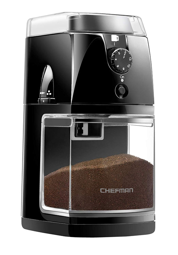 Chefman Coffee Grinder Electric Burr Mill Freshly 8oz Beans Large Hopper & 17 Grinding Options for 2-12 Cups, Easy One Touch Operation, Cleaning Brush Included, Black